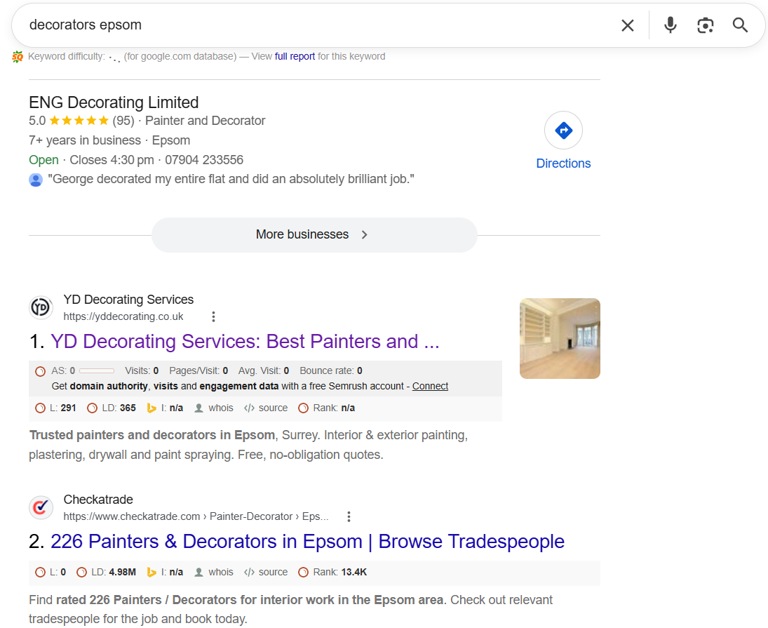 YD Decorating Services search ranking results
